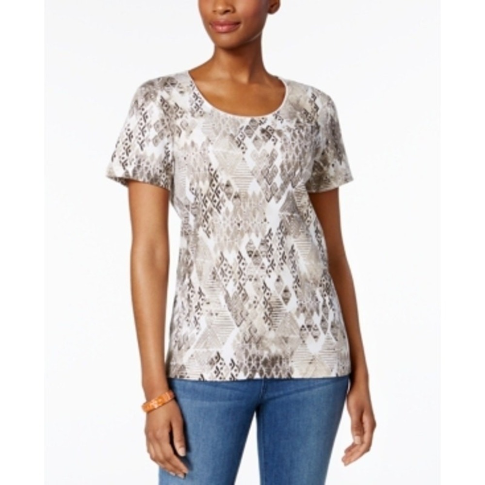 Karen Scott Petite Printed T-Shirt Medium Short Sleeve Almond Khaki New